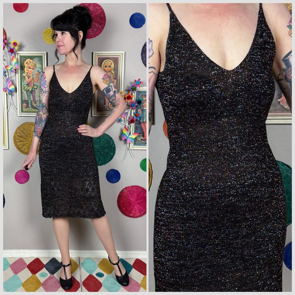 Vintage Y2K Brown Lurex Pointelle Knit Midi Sweater Dress
